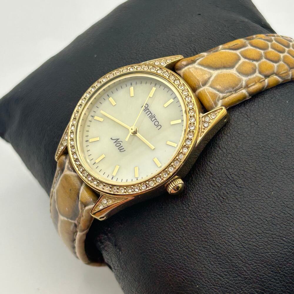Armitron Gold Mother Pearl Snake Print Leather Women’s Watch - Picture 2 of 8